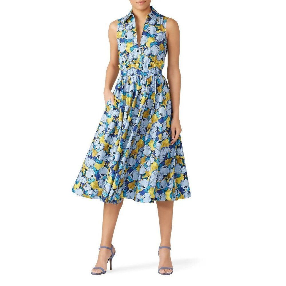 Pinko Light Blue Peony Floral Printed Pleated Midi Dress Sleeveless V Neck S